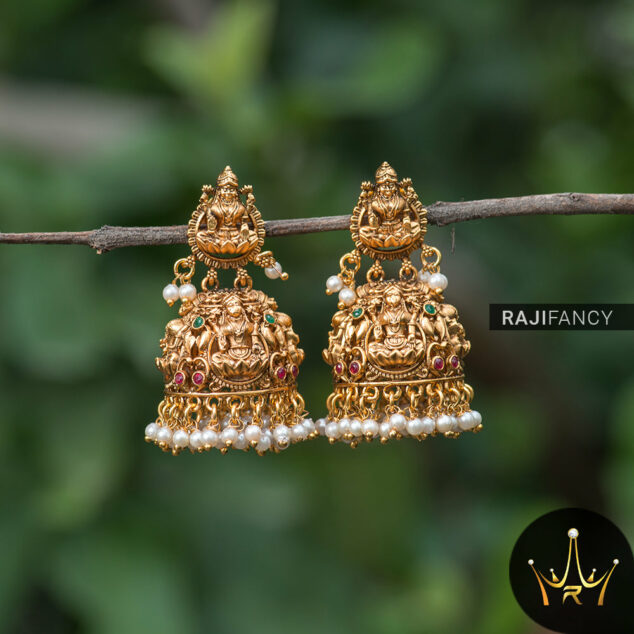Antique jhumkas lakshmi design with kemp stone and golden beads hangin –  Cherrypick