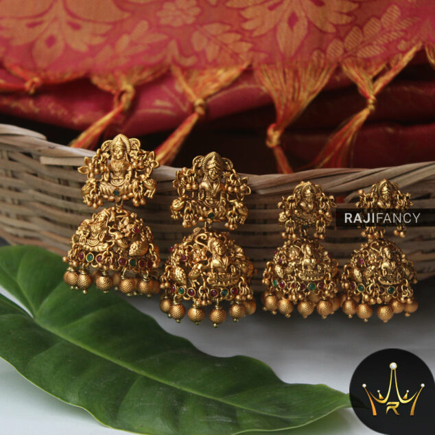 Gold-Plated Lakshmi Jhumka With Pearl Ear Chain - Mirraw - 4226646
